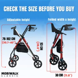 MobiWalk Classic Rollator showing adjustable height and folded dimensions.