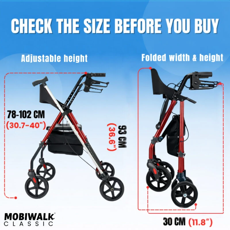 MobiWalk Classic Rollator showing adjustable height and folded dimensions.