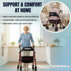 Elderly woman using a red MobiWalk Classic rollator walker indoors.