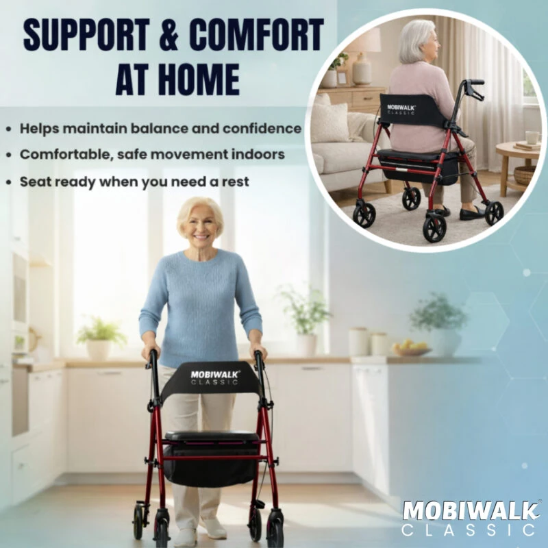 Elderly woman using a red MobiWalk Classic rollator walker indoors.