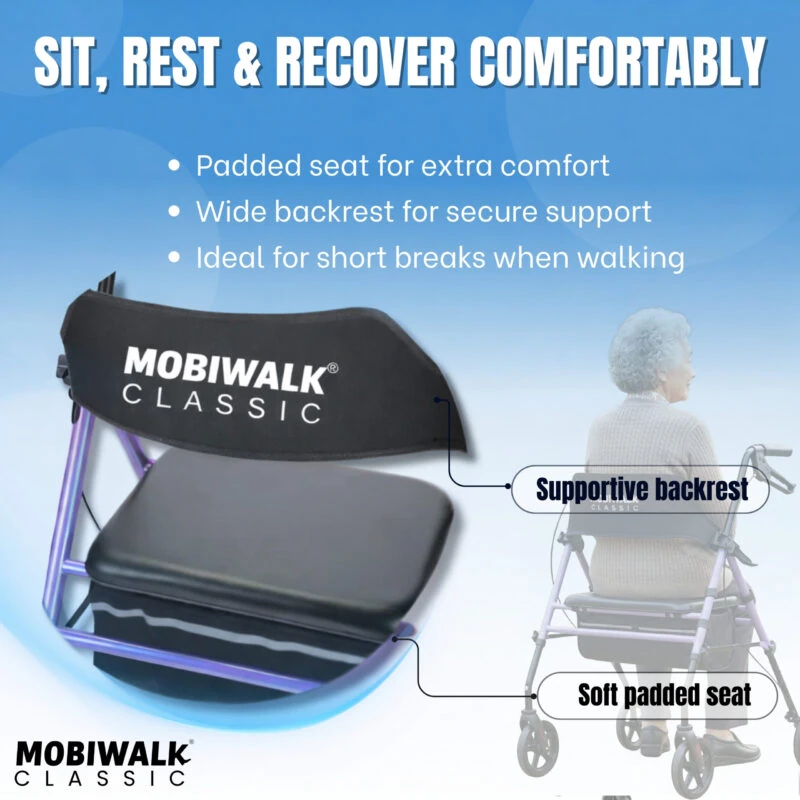 MobiWalk Classic rollator with padded seat and backrest.