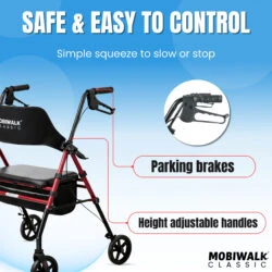MobiWalk rollator walker with parking brakes and adjustable handles.
