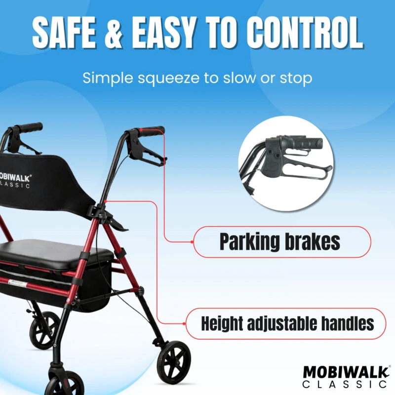 MobiWalk rollator walker with parking brakes and adjustable handles.