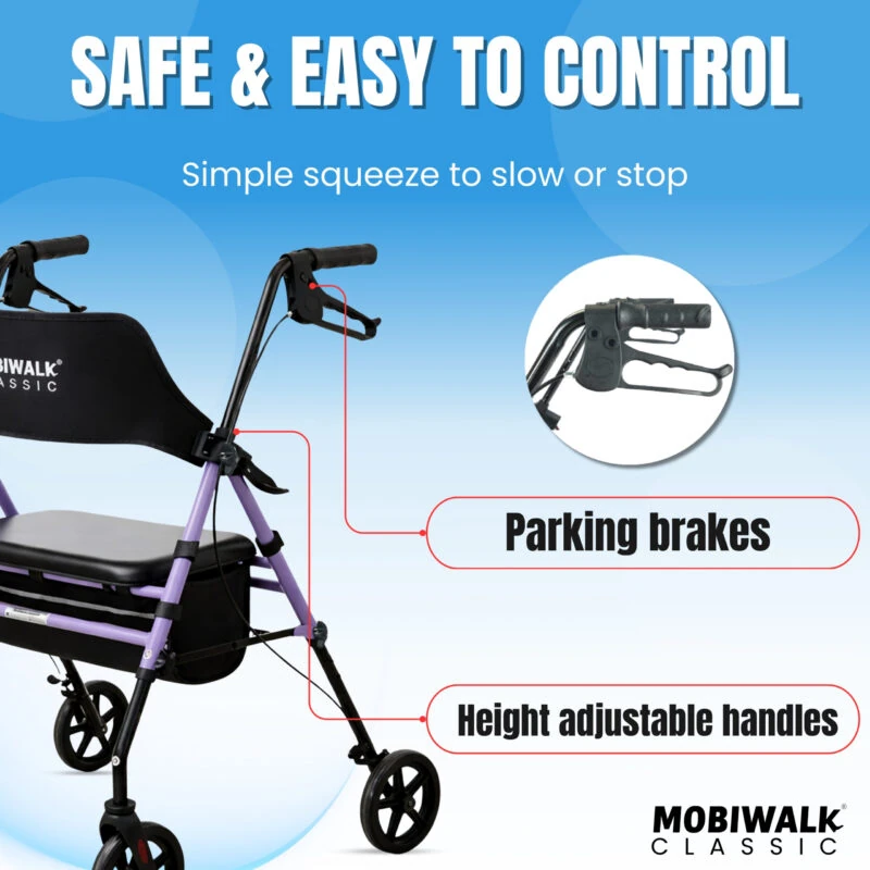 Purple MobiWalk Classic rollator with parking brakes and adjustable handles.