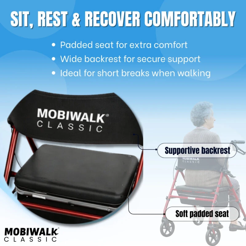 MobiWalk Classic rollator with padded seat and backrest.
