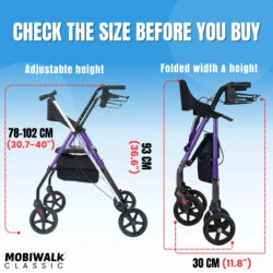 MobiWalk Classic Rollator showing adjustable height and folded dimensions.