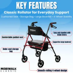 MobiWalk Classic Rollator with padded seat and storage bag.