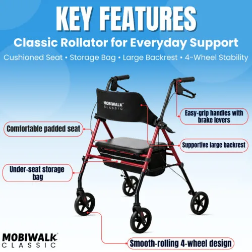 MobiWalk Classic Rollator with padded seat and storage bag.
