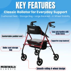 MobiWalk Classic Rollator with padded seat and storage bag.