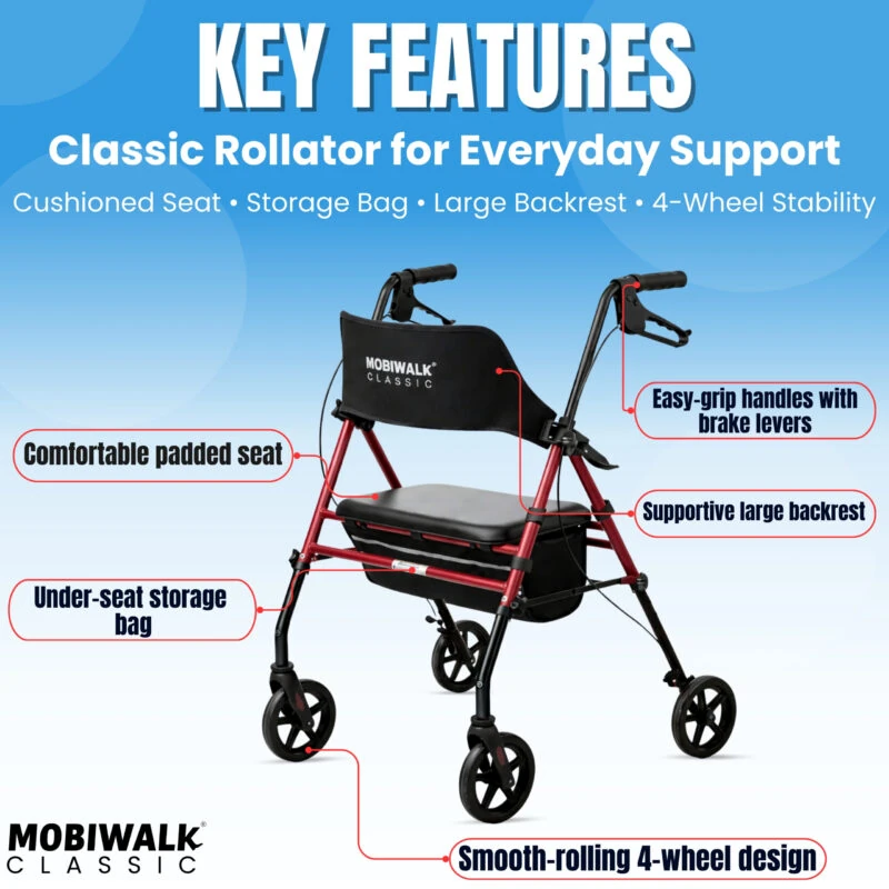 MobiWalk Classic Rollator with padded seat and storage bag.