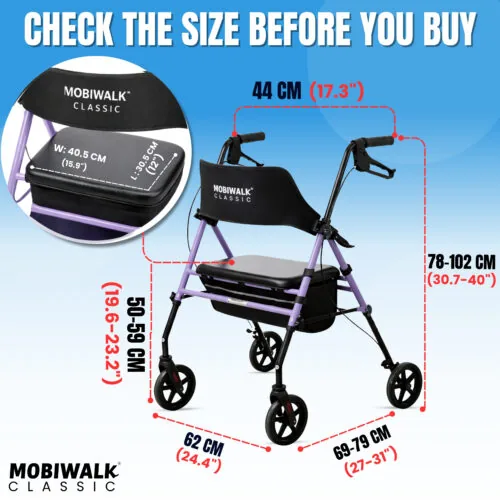 MobiWalk Classic Rollator with size dimensions highlighted.