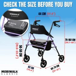 MobiWalk Classic Rollator with size dimensions highlighted.