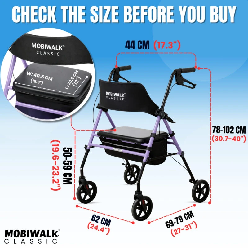 MobiWalk Classic Rollator with size dimensions highlighted.