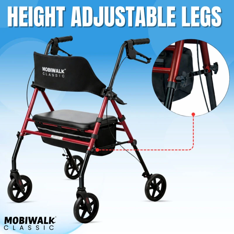 Red MobiWalk Classic rollator with adjustable legs and black seat.