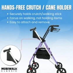 Purple MobiWalk rollator with hands-free cane holder.