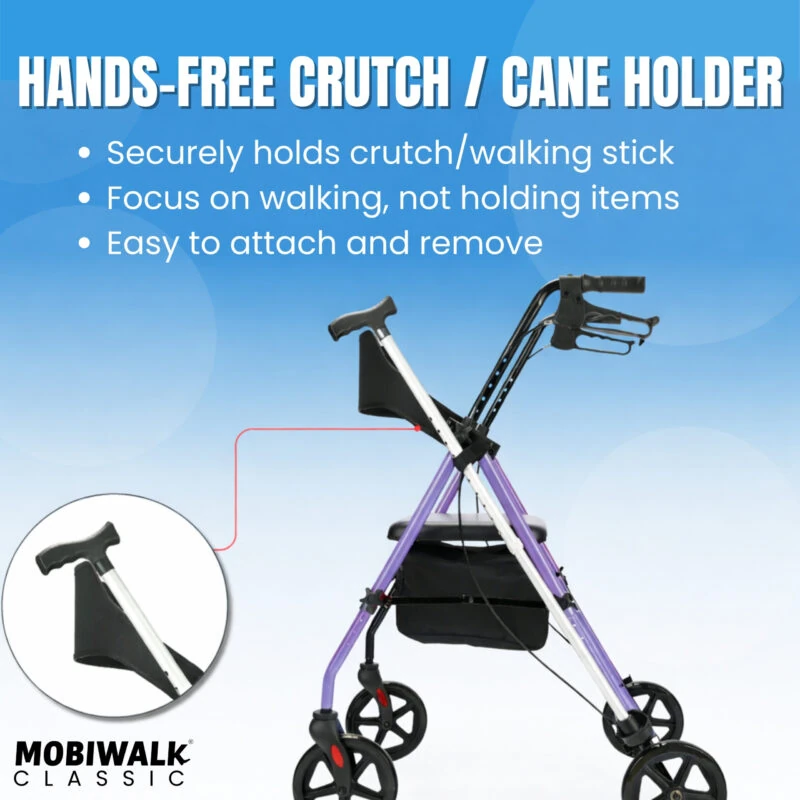 Purple MobiWalk rollator with hands-free cane holder.