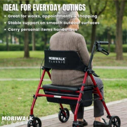 Person sitting on a red MobiWalk Classic rollator in a park.