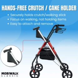 Red MobiWalk rollator with a cane holder against a blue background.