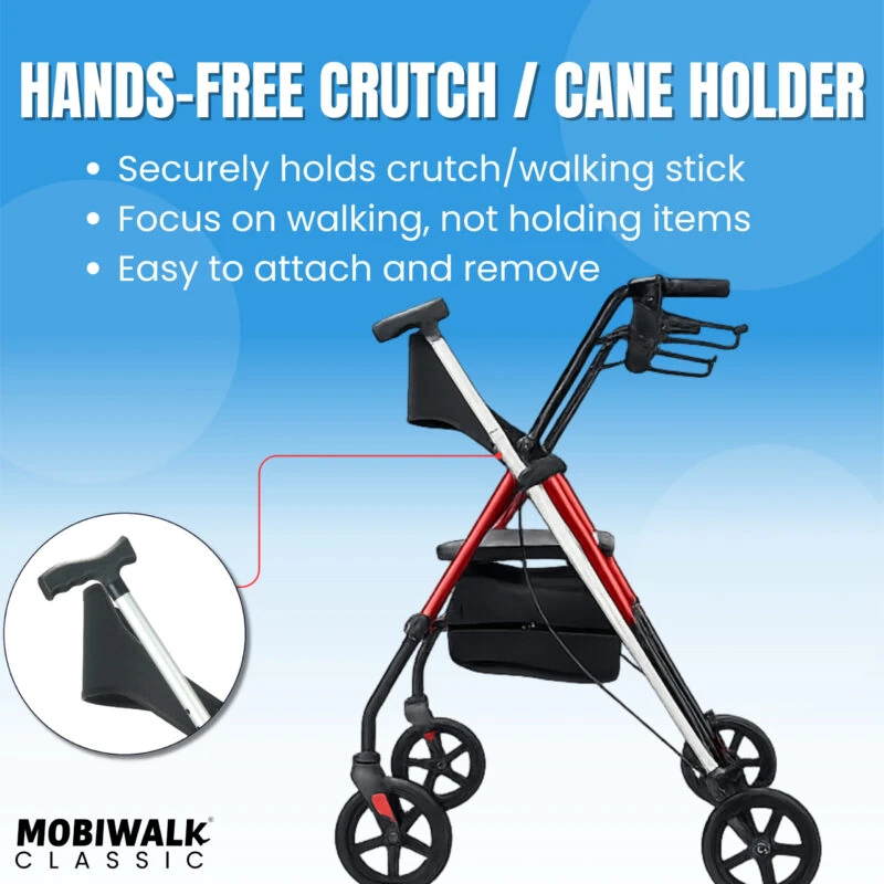 Red MobiWalk rollator with a cane holder against a blue background.