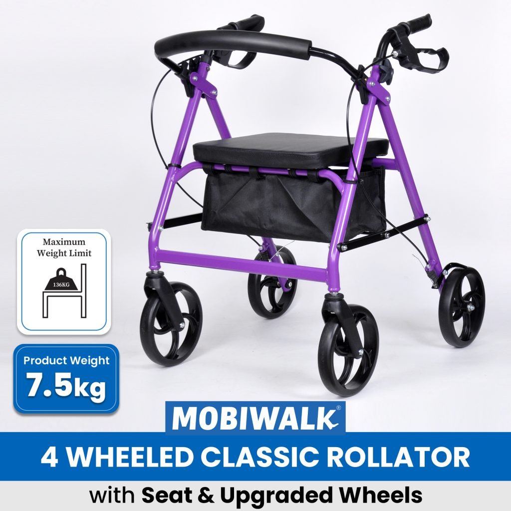 4 Wheel Walker with Seat and Wheels-mobility walking aids-walking aids for elderly people-seniors-Lightweight Four-Wheeled Mobility Walker MobiWalk 4 Wheeled Classic Rollator Bio Lec Mobility