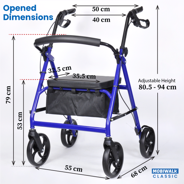 4 Wheel Walker with Seat and Wheels-mobility walking aids-walking aids for elderly people-seniors-Lightweight Four-Wheeled Mobility Walker MobiWalk 4 Wheeled Classic Rollator Bio Lec Mobility