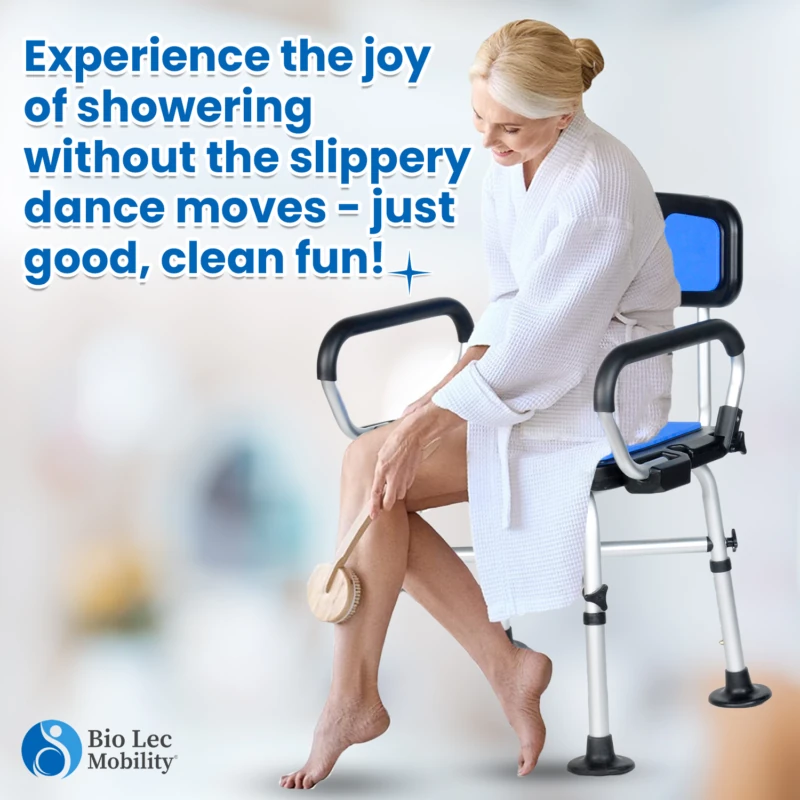 Person sitting on a shower chair with adjustable armrests.