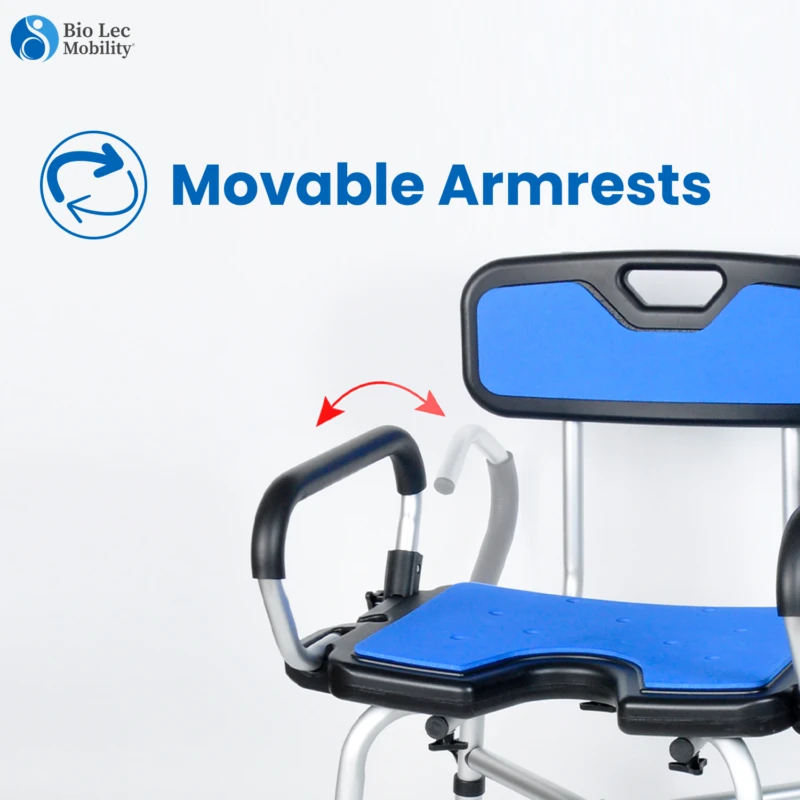 Shower chair with blue backrest and seat, showing movable armrests.
