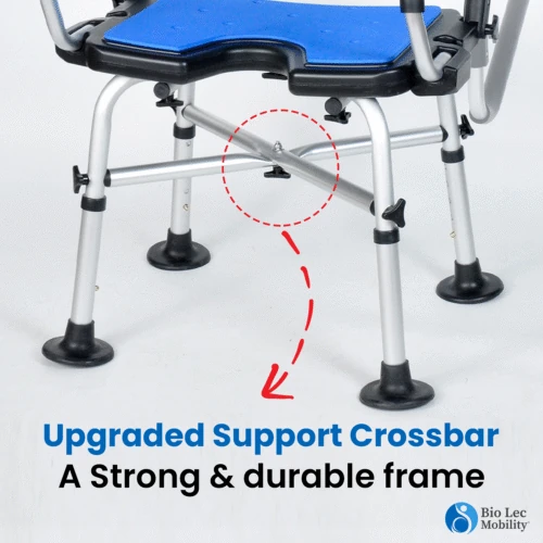 Shower chair with visible support crossbar and anti-skid feet.