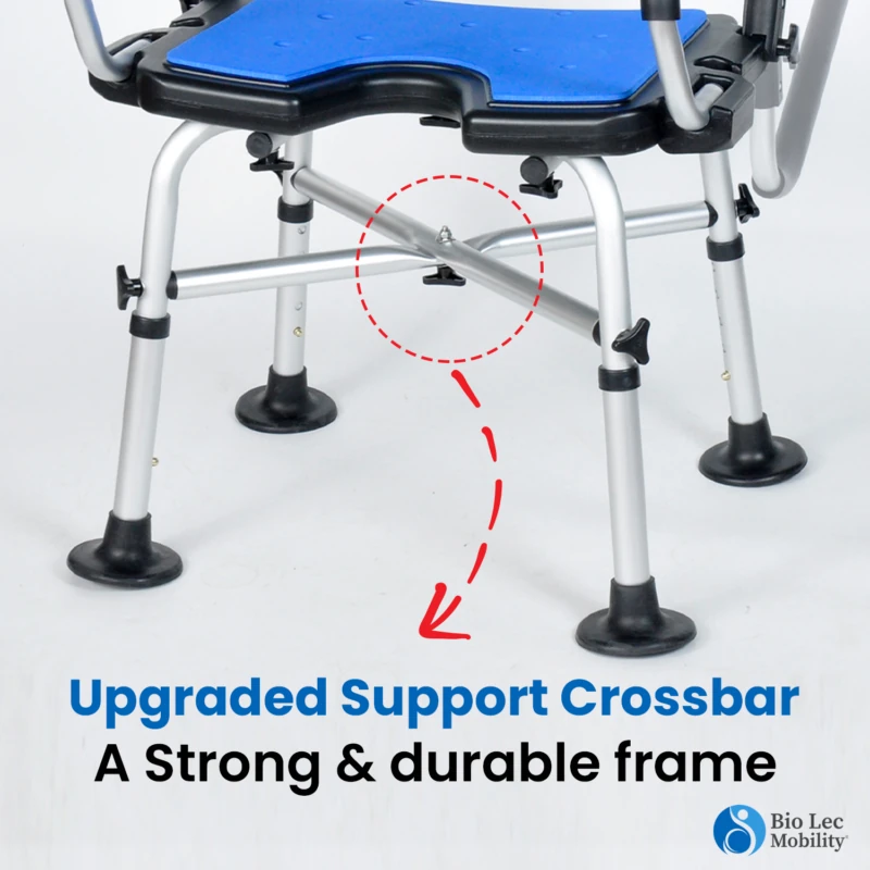 Shower chair with visible support crossbar and anti-skid feet.