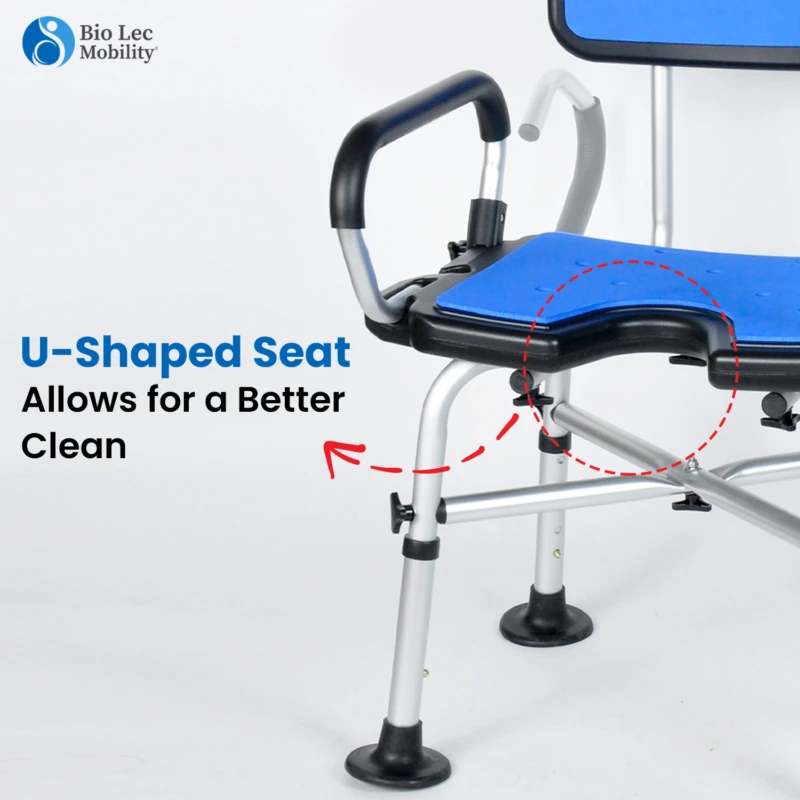 Shower chair with U-shaped seat and adjustable armrest.