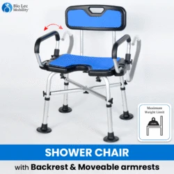 Shower chair with blue seat and backrest, adjustable armrests, and rubber feet.