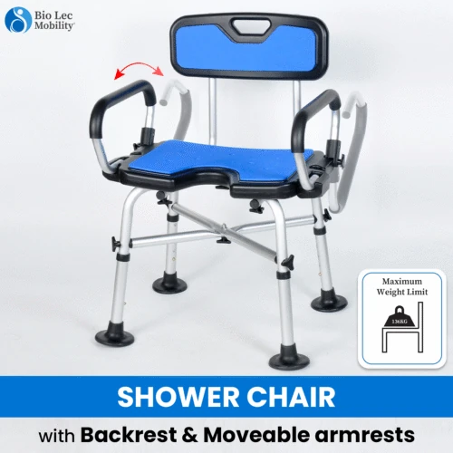 Shower chair with blue seat and backrest, adjustable armrests, and rubber feet.