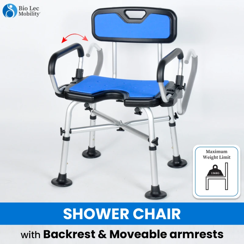 Shower chair with blue seat and backrest, adjustable armrests, and rubber feet.