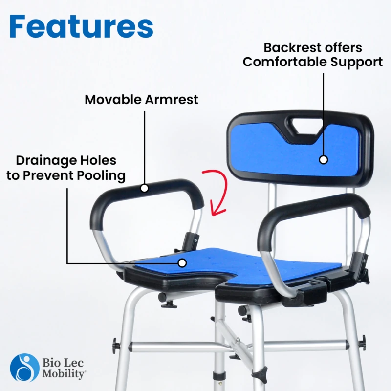 Shower chair with blue seat and backrest, showing movable armrest and drainage holes.