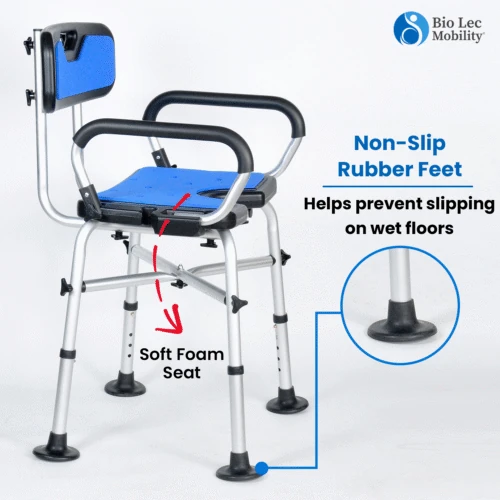 Shower chair with blue backrest and non-slip rubber feet.