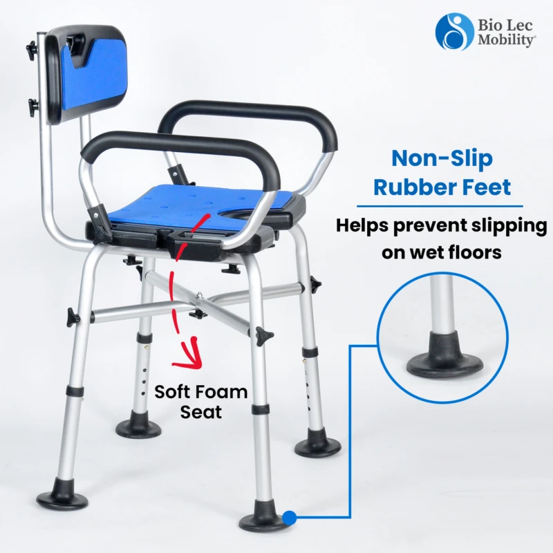 Shower chair with blue backrest and non-slip rubber feet.