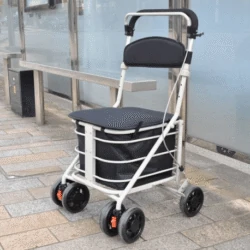 Shopping trolley with seat and four wheels on a sidewalk.