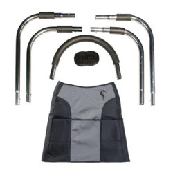 Components of the Stander Bedside Econorail including metal rails and storage pouch.