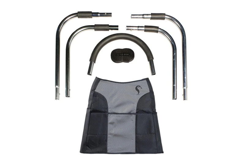 Components of the Stander Bedside Econorail including metal rails and storage pouch.
