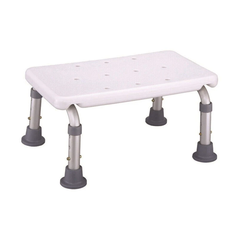 White bath step with adjustable legs and rubber feet.