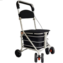Shopping trolley with seat, featuring four wheels and a black padded handle.