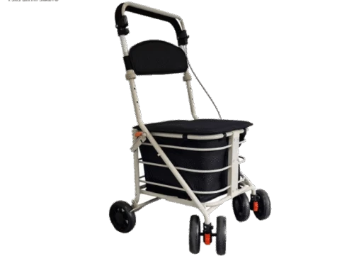 Shopping trolley with seat, featuring four wheels and a black padded handle.