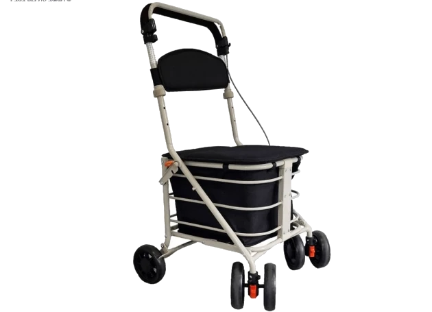 Shopping trolley with seat, featuring four wheels and a black padded handle.