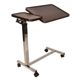 Adjustable over chair table with twin top and swivel castors.