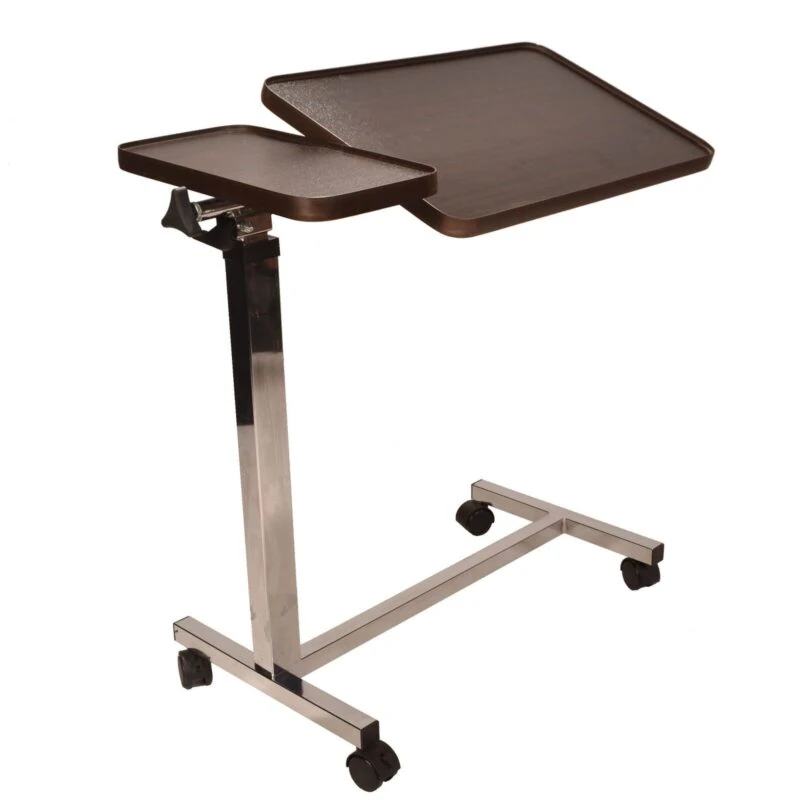 Adjustable over chair table with twin top and swivel castors.