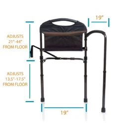 Mobility bed rail with adjustable height and swing-out arm.