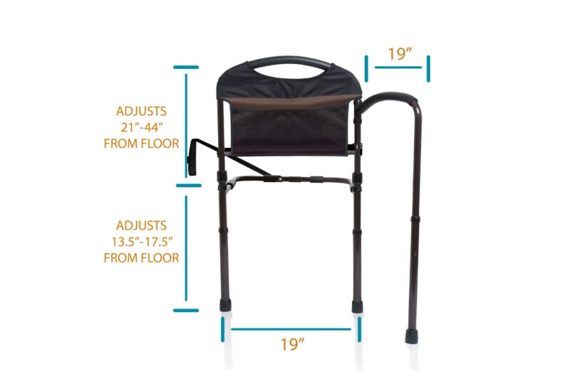 Mobility bed rail with adjustable height and swing-out arm.