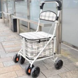 Shopping trolley with seat, four wheels, and a plaid design.