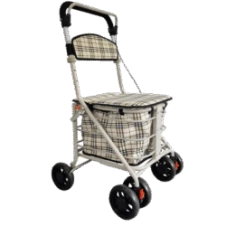 Four-wheel shopping trolley with a padded seat and checkered pattern.