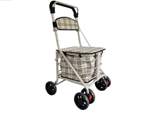 Four-wheel shopping trolley with a padded seat and checkered pattern.